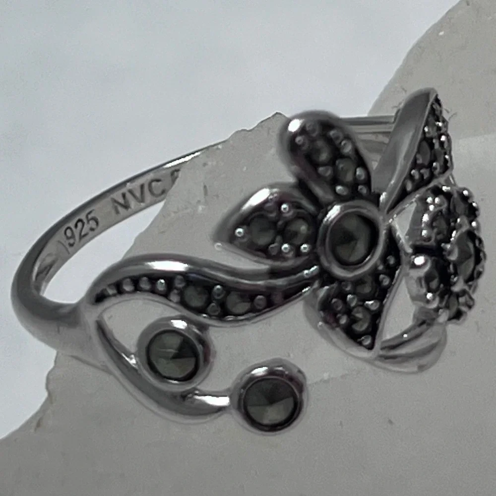 NVC Sterling Silver Marcasite‎ Floral Bypass Ring 925 Vtg Flower Size 6